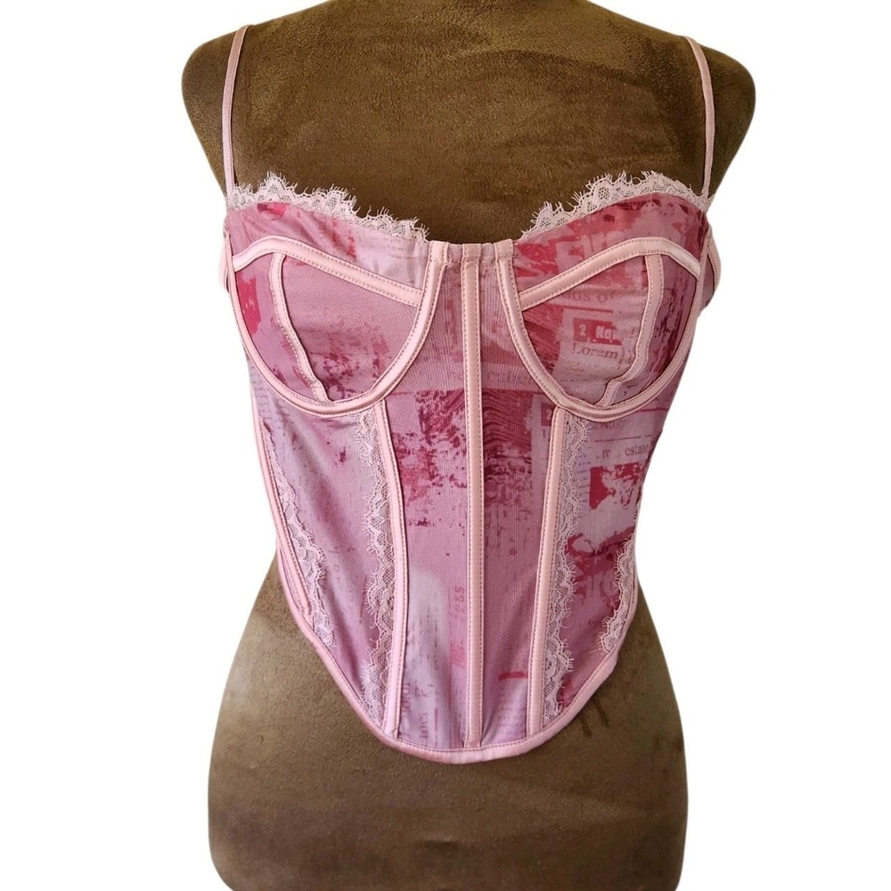 NWT Fashion Nova Corset Top Women's Size L Pink Mesh Lace Coquette - Picture 2 of 9